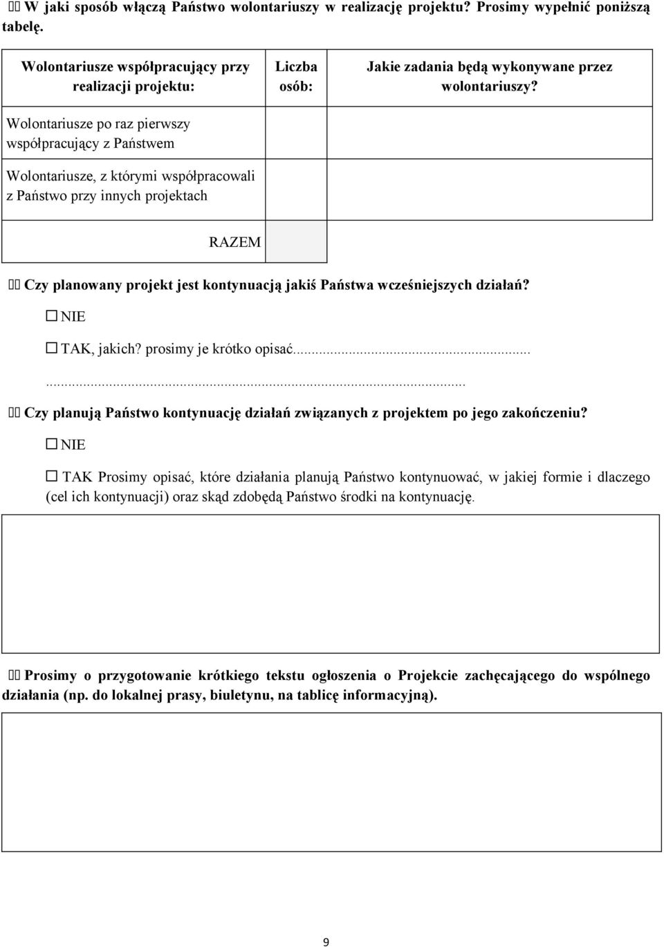 Jakie zadania będą wykonywane przez wolontariuszy? RAZEM Czy planowany projekt jest kontynuacją jakiś Państwa wcześniejszych działań? NIE TAK, jakich? prosimy je krótko opisać.