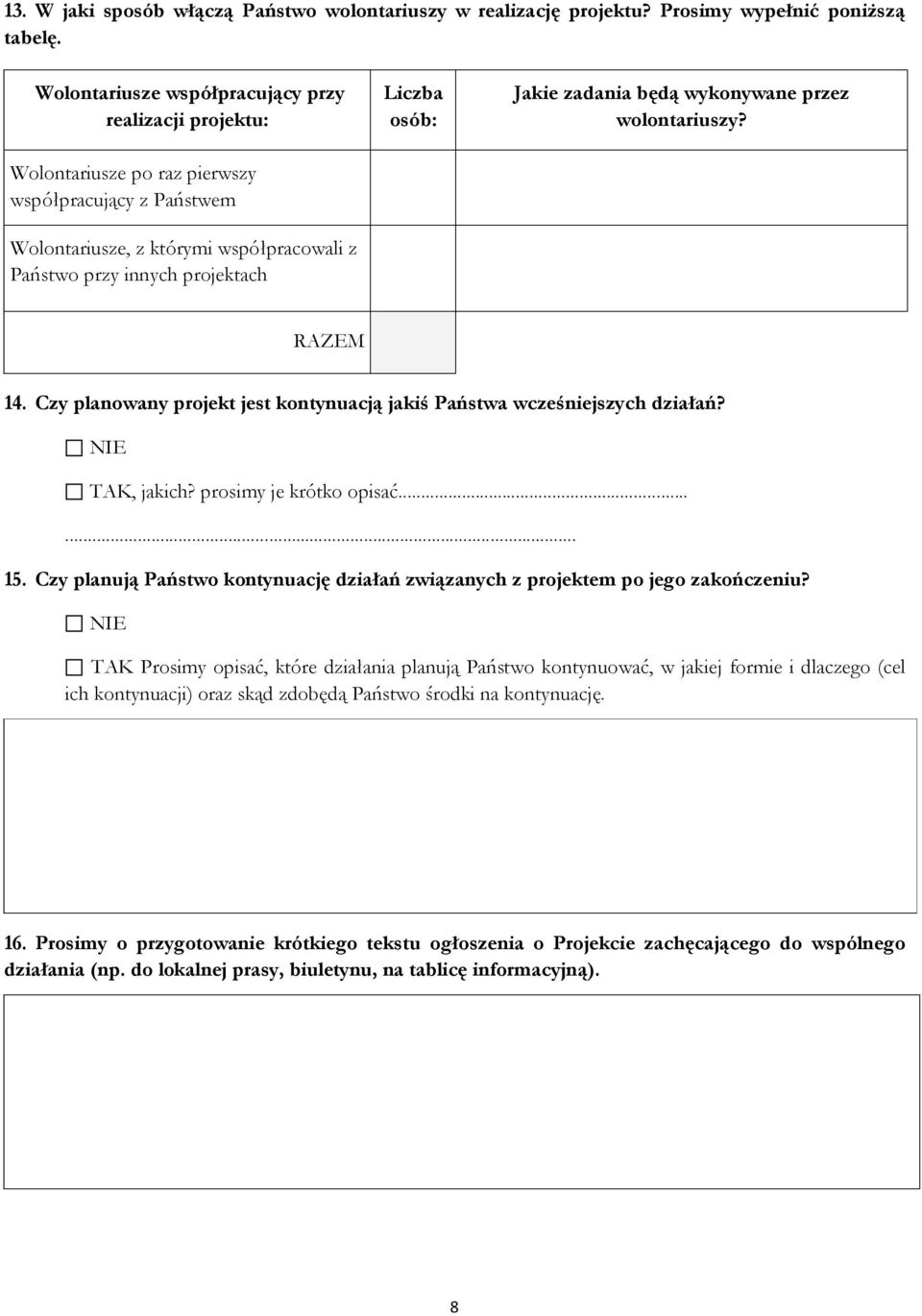 Jakie zadania będą wykonywane przez wolontariuszy? RAZEM 14. Czy planowany projekt jest kontynuacją jakiś Państwa wcześniejszych działań? NIE TAK, jakich? prosimy je krótko opisać...... 15.