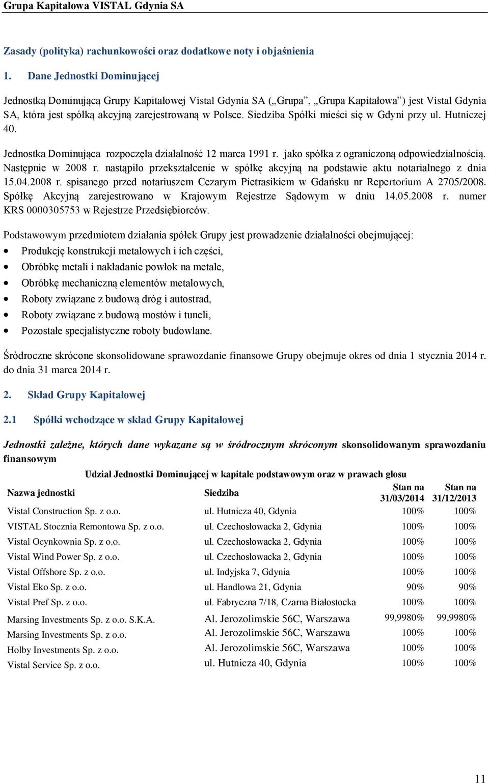 Siedziba Spółki mieści się w Gdyni przy ul. Hutniczej 40. Jednostka Dominująca rozpoczęła działalność 12 marca 1991 r. jako spółka z ograniczoną odpowiedzialnością. Następnie w 2008 r.