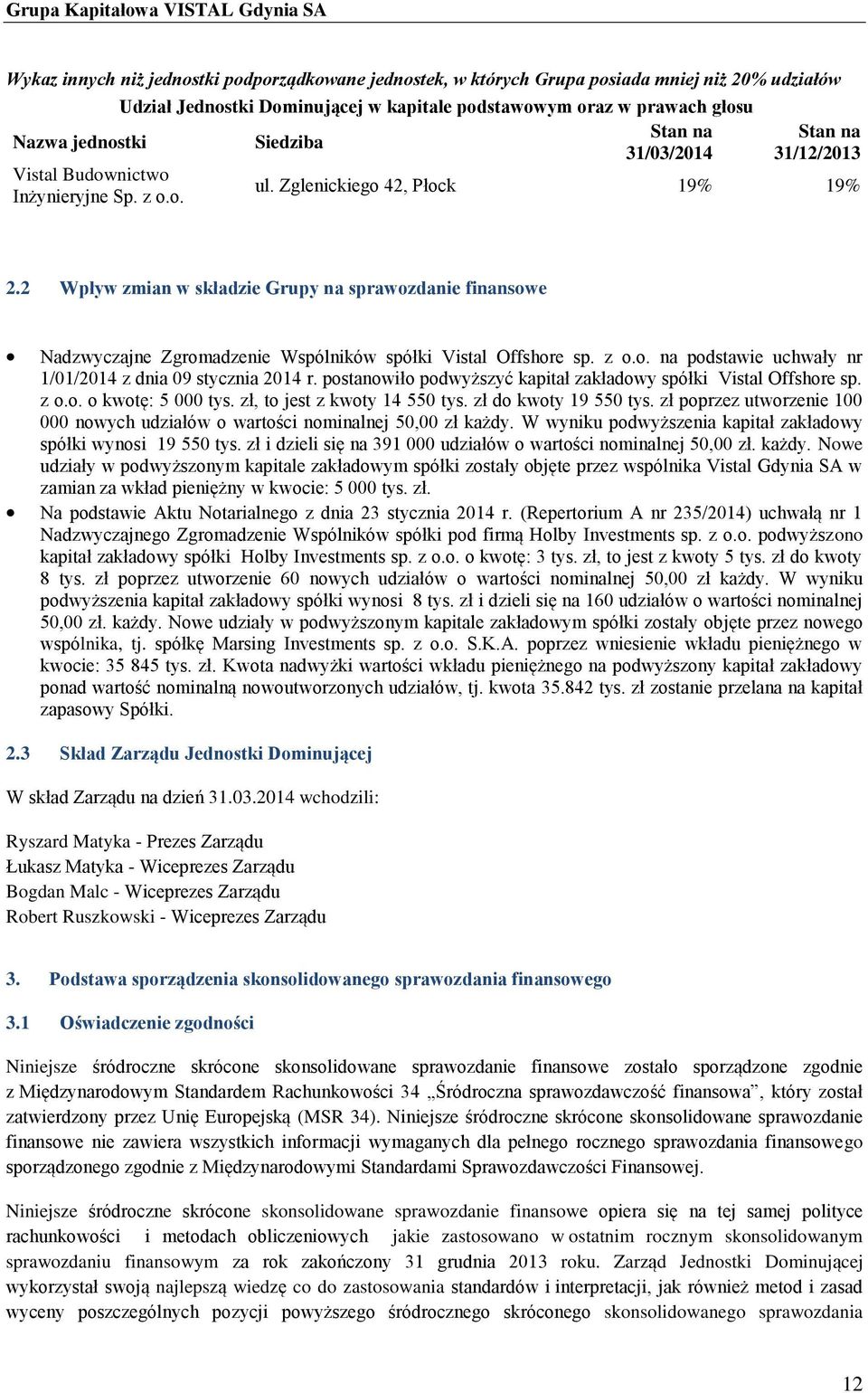 2 Wpływ zmian w składzie Grupy na sprawozdanie finansowe Nadzwyczajne Zgromadzenie Wspólników spółki Vistal Offshore sp. z o.o. na podstawie uchwały nr 1/01/2014 z dnia 09 stycznia 2014 r.