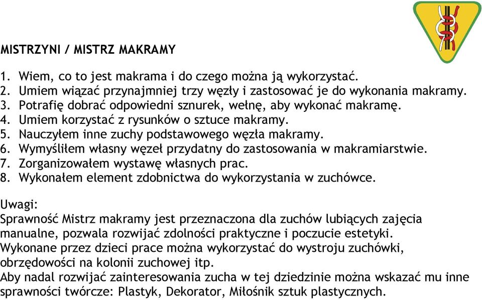 Wymyśliłem własny węzeł przydatny do zastosowania w makramiarstwie. 7. Zorganizowałem wystawę własnych prac. 8. Wykonałem element zdobnictwa do wykorzystania w zuchówce.