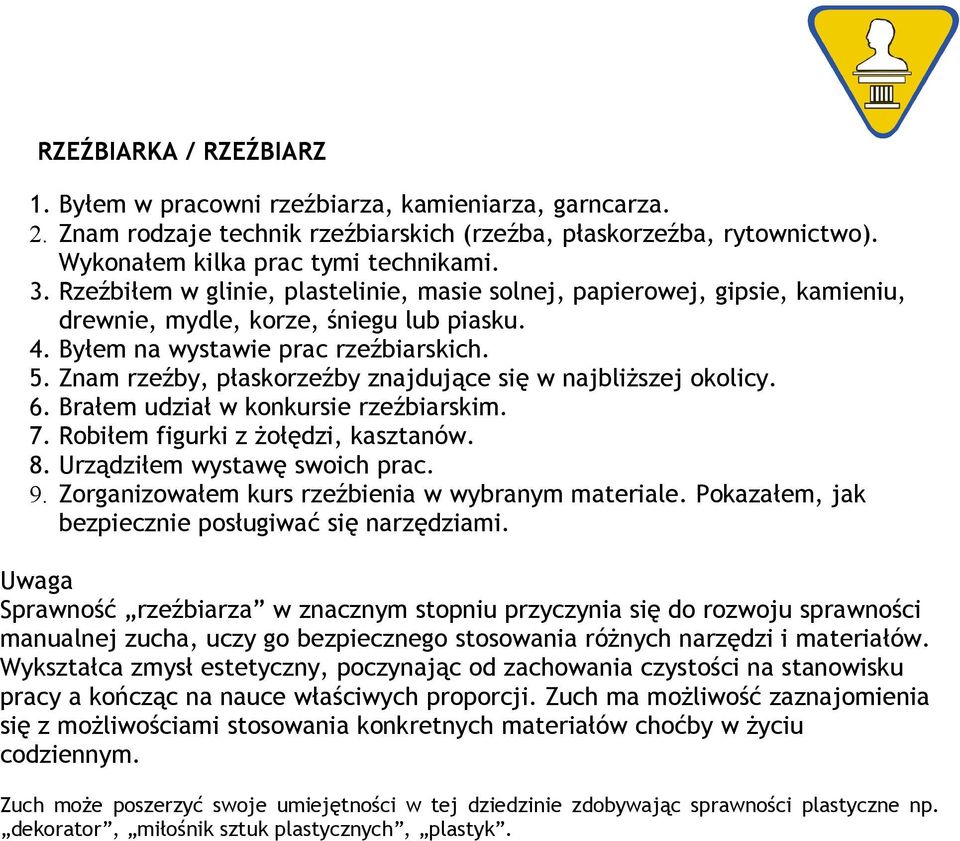 Znam rzeźby, płaskorzeźby znajdujące się w najbliższej okolicy. 6. Brałem udział w konkursie rzeźbiarskim. 7. Robiłem figurki z żołędzi, kasztanów. 8. Urządziłem wystawę swoich prac. 9.