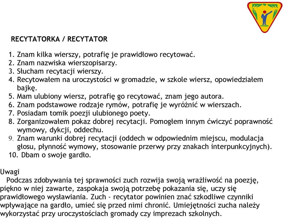 Znam podstawowe rodzaje rymów, potrafię je wyróżnić w wierszach. 7. Posiadam tomik poezji ulubionego poety. 8. Zorganizowałem pokaz dobrej recytacji.