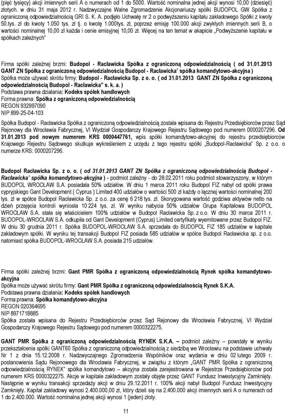 zł do kwoty 1.050 tys. zł tj. o kwotę 1.000tys. zł, poprzez emisję 100.000 akcji zwykłych imiennych serii B, o wartości nominalnej 10,00 zł każda i cenie emisyjnej 10,00 zł.