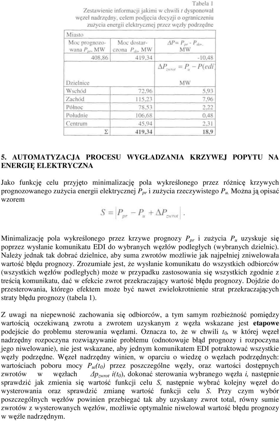 MoŜna ją opisać wzorem Minimalizację pola wykreślonego przez krzywe prognozy P pr i zuŝycia P u uzyskuje się poprzez wysłanie komunikatu EDI do wybranych węzłów podległych (wybranych dzielnic).