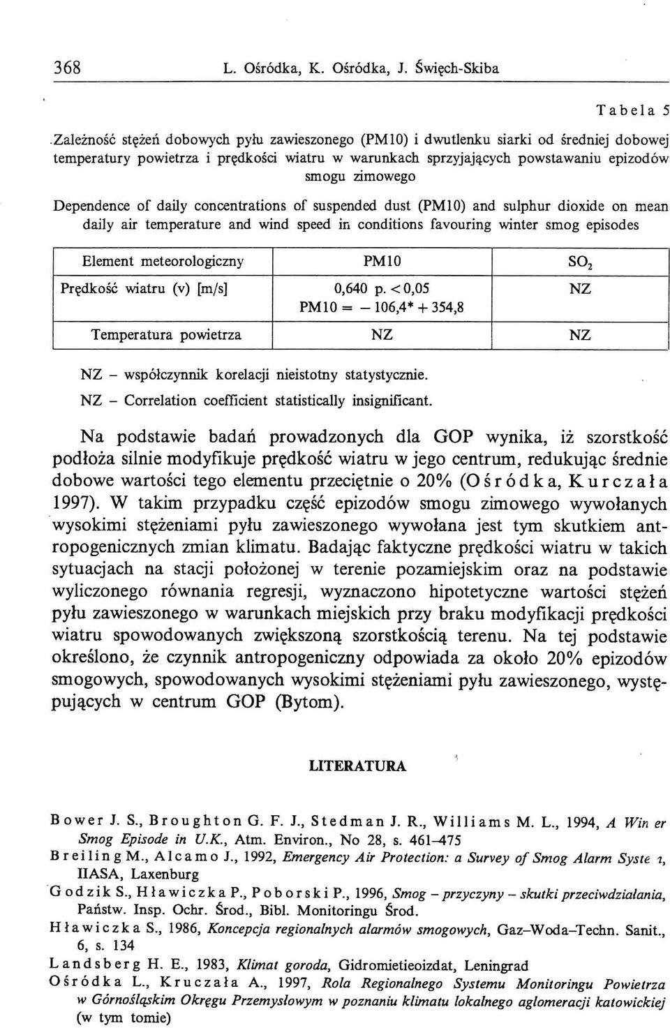 Dependence of daily concentrations of suspended dust (PMIO) and sulphur dioxide on mean daily air temperature and wind speed in conditions favouring winter smog episodes Element meteorologiczny PMIO