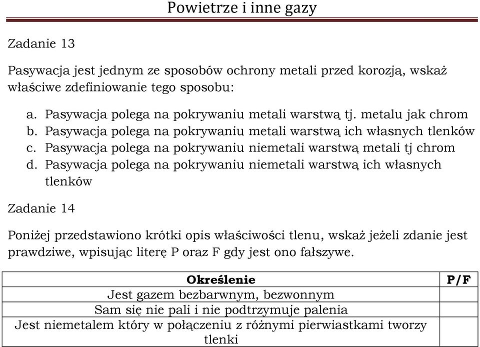 Pasywacja polega na pokrywaniu niemetali warstwą ich własnych tlenków Zadanie 14 Poniżej przedstawiono krótki opis właściwości tlenu, wskaż jeżeli zdanie jest prawdziwe,