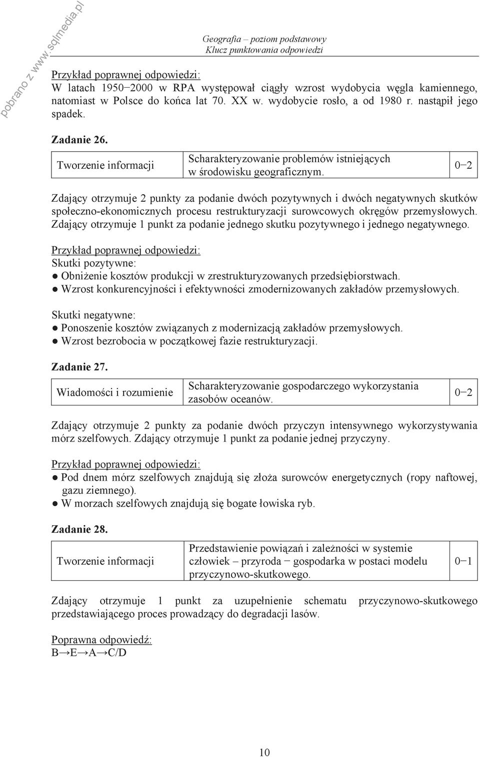 Zdaj cy otrzymuje 2 punkty za podanie dwóch pozytywnych i dwóch negatywnych skutków spo eczno-ekonomicznych procesu restrukturyzacji surowcowych okr gów przemys owych.