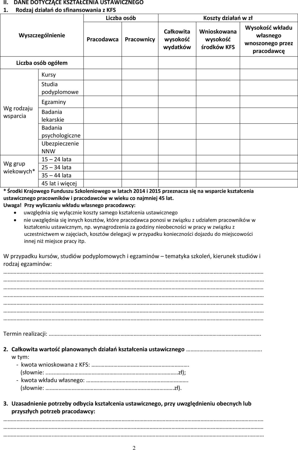 Ubezpieczenie NNW 15 24 lata 25 34 lata 35 44 lata 45 lat i więcej Pracodawca Pracownicy 2 Całkowita wysokość wydatków Koszty działań w zł Wnioskowana wysokość środków KFS * Środki Krajowego Funduszu