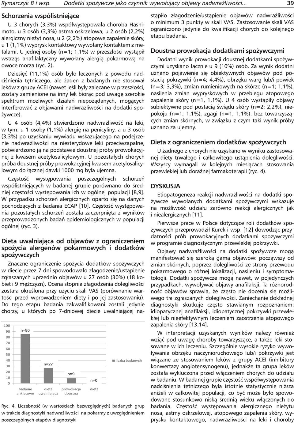 1 (1,1%) wyprysk kontaktowy wywołany kontaktem z metalami. U jednej osoby (n=1; 1,1%) w przeszłości wystąpił wstrząs anafilaktyczny wywołany alergią pokarmową na owoce morza (ryc. 2).