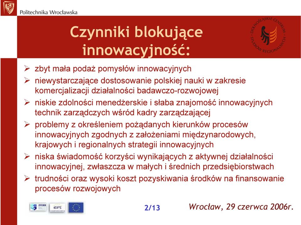 kierunków procesów innowacyjnych zgodnych z założeniami międzynarodowych, krajowych i regionalnych strategii innowacyjnych niska świadomość korzyści wynikających z