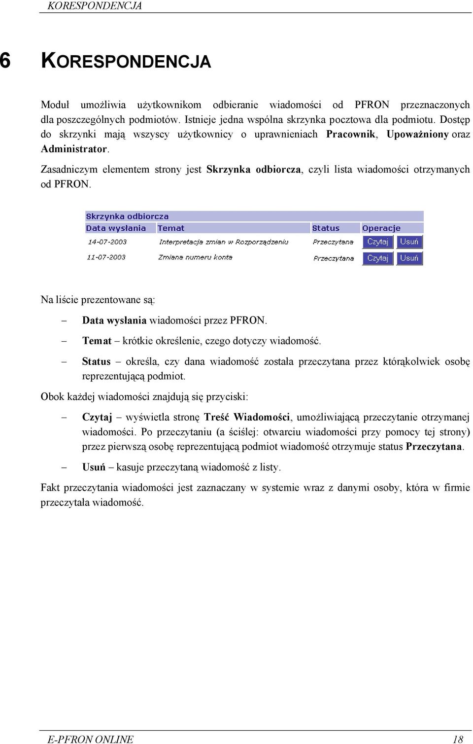 Zasadniczym elementem strony jest Skrzynka odbiorcza, czyli lista wiadomości otrzymanych od PFRON. Na liście prezentowane są: Data wysłania wiadomości przez PFRON.