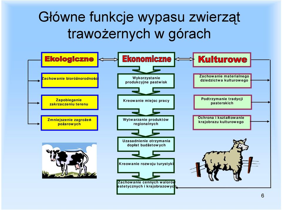 tradycji pasterskich Zmniejszenie zagrożeń pożarowych Wytwarzanie produktów regionalnych Ochrona i kształtowanie krajobrazu