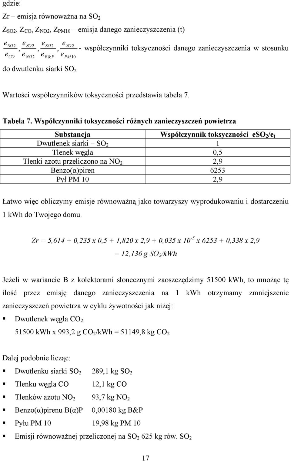 Współczyiki toksyczości różych zaiczyszczń powitrza Substacja Współczyik toksyczości SO 2 / t Dwutlk siarki SO 2 1 Tlk węgla 0,5 Tlki azotu przliczoo a NO 2 2,9 Bzo(α)pir 6253 Pył PM 10 2,9 Łatwo