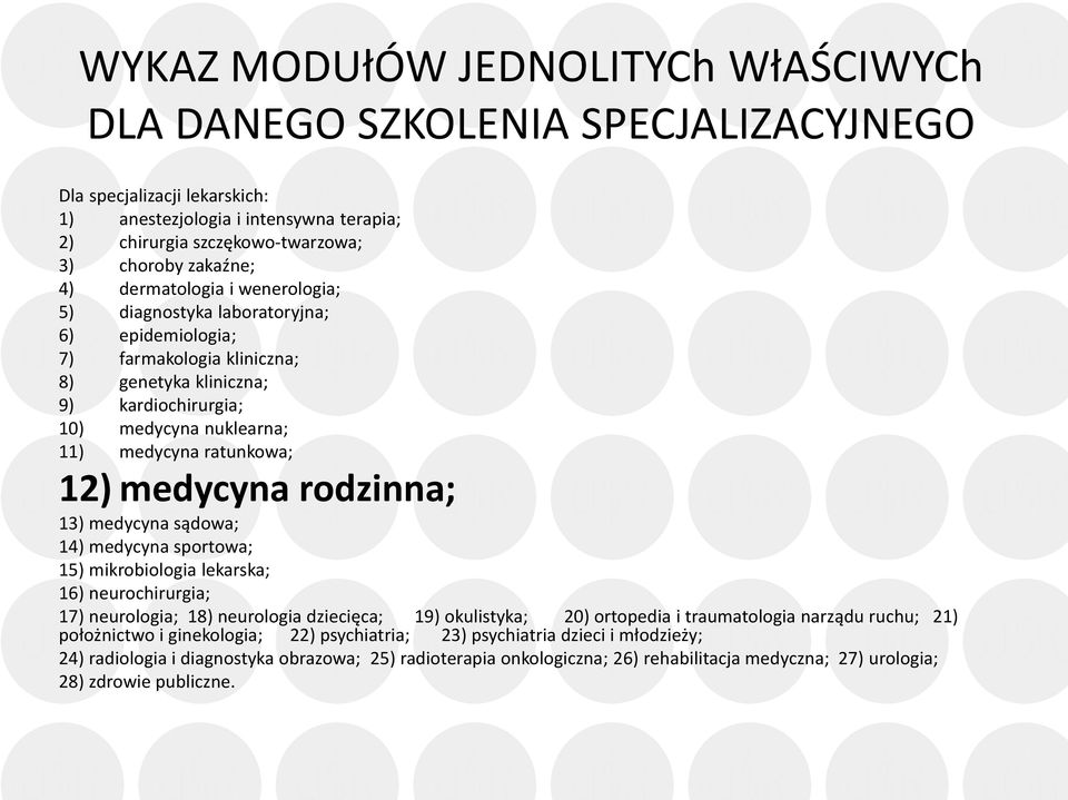 12) medycyna rodzinna; 13) medycyna sądowa; 14) medycyna sportowa; 15) mikrobiologia lekarska; 16) neurochirurgia; 17) neurologia; 18) neurologia dziecięca; 19) okulistyka; 20) ortopedia i