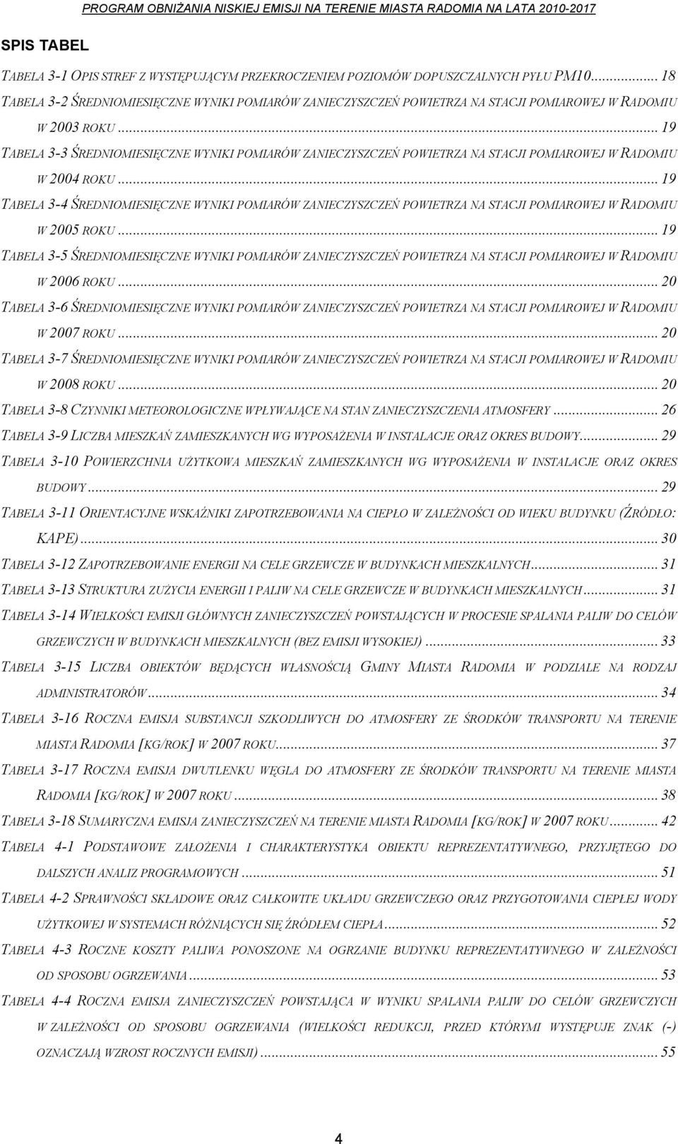 .. 19 TABELA 3-3 ŚREDNIOMIESIĘCZNE WYNIKI POMIARÓW ZANIECZYSZCZEŃ POWIETRZA NA STACJI POMIAROWEJ W RADOMIU W 2004 ROKU.