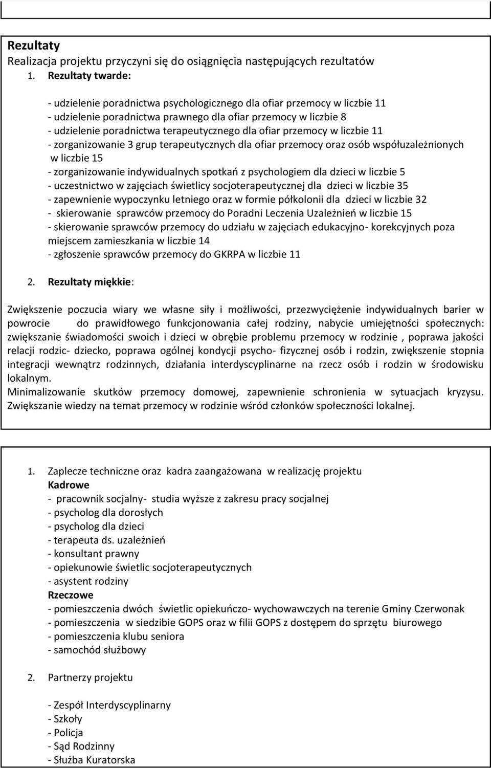 dla ofiar przemocy w liczbie 11 - zorganizowanie 3 grup terapeutycznych dla ofiar przemocy oraz osób współuzależnionych w liczbie 15 - zorganizowanie indywidualnych spotkań z psychologiem dla dzieci