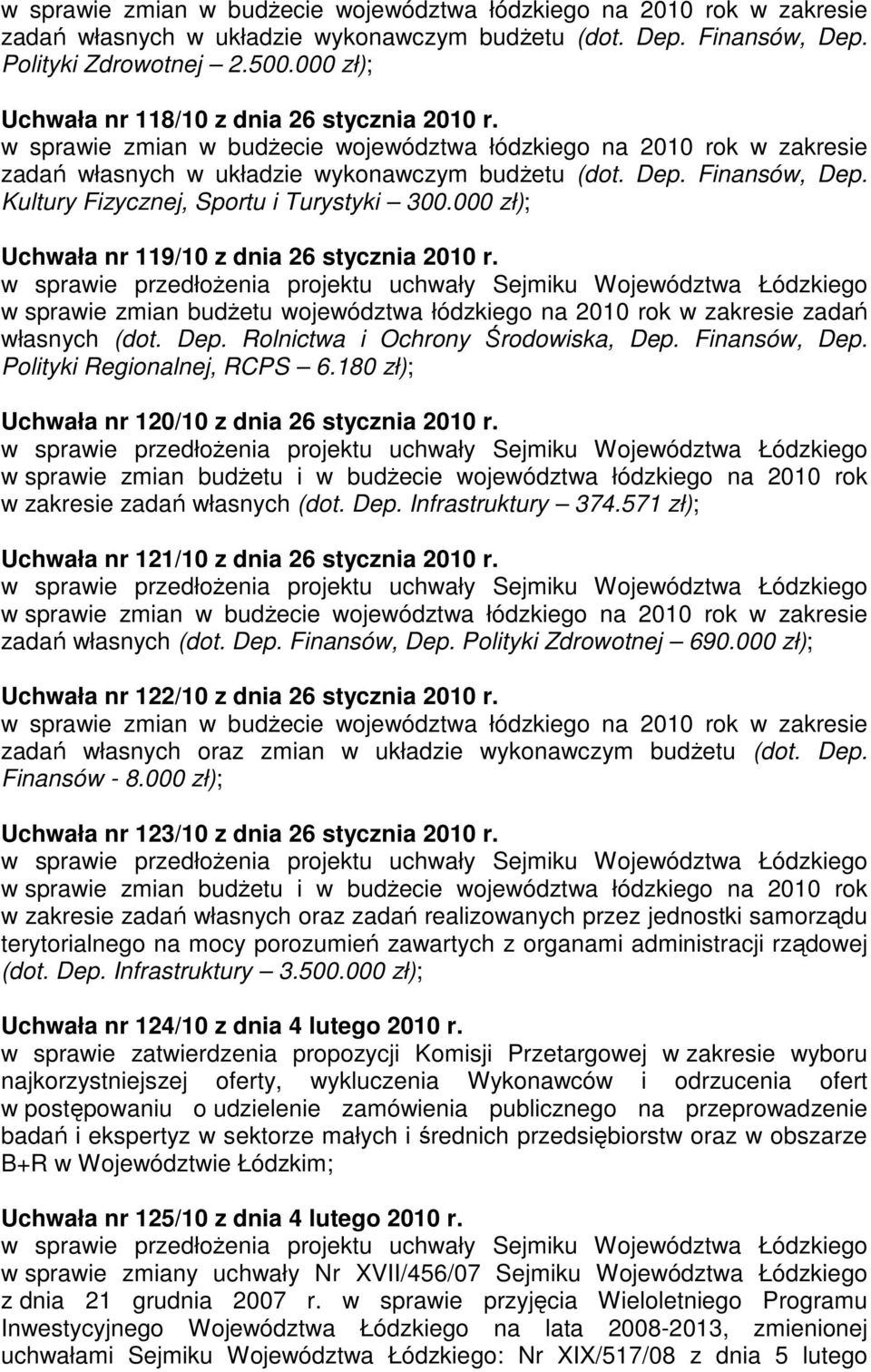 Kultury Fizycznej, Sportu i Turystyki 300.000 zł); Uchwała nr 119/10 z dnia 26 stycznia 2010 r. w sprawie zmian budżetu województwa łódzkiego na 2010 rok w zakresie zadań własnych (dot. Dep.