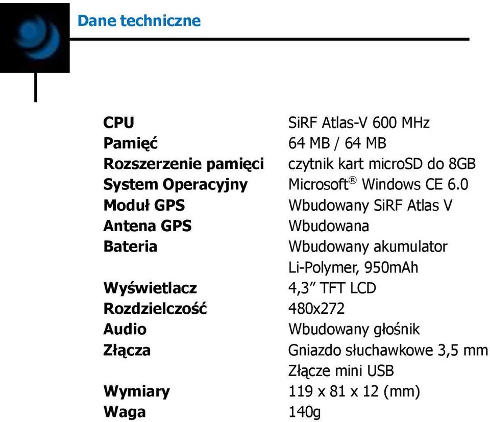 0 Moduł GPS Wbudowany SiRF Atlas V Antena GPS Wbudowana Bateria Wbudowany akumulator Li-Polymer,