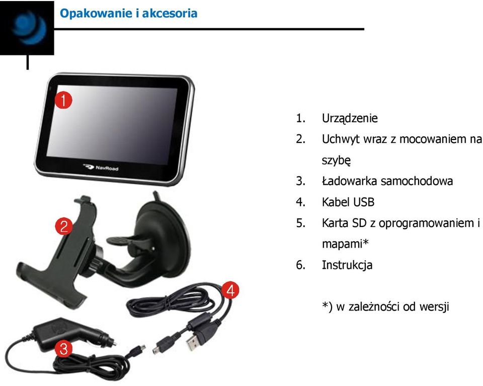 Ładowarka samochodowa 4. Kabel USB 5.