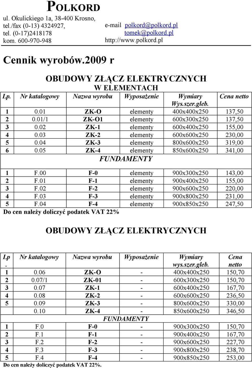 04 ZK-3 elementy 800x600x250 319,00 6 0.05 ZK-4 elementy 850x600x250 341,00 FUNDAMENTY 1 F.00 F-0 elementy 900x300x250 143,00 2 F.01 F-1 elementy 900x400x250 155,00 3 F.