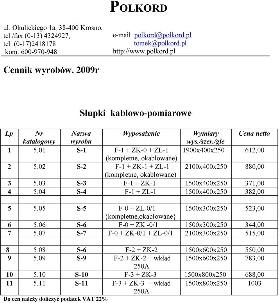 04 S-4 F-1 + ZL-1 1500x400x250 382,00 5 5.05 S-5 F-0 + ZL-0/1 1500x300x250 523,00 {kompletne,okablowane} 6 5.06 S-6 F-0 + ZK -0/1 1500x300x250 344,00 7 5.