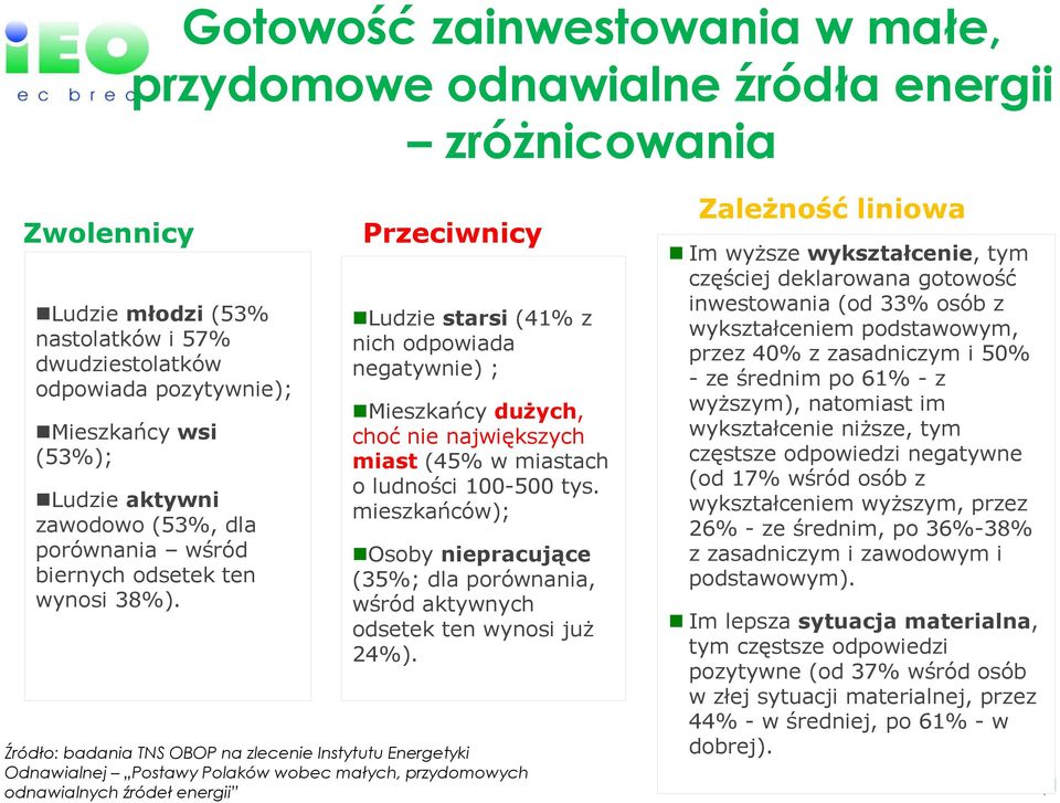 Przeciwnicy Ludzie starsi (41% z nich odpowiada negatywnie) ; Mieszkańcy duŝych, choć nie największych miast (45% w miastach o ludności 100-500 tys.