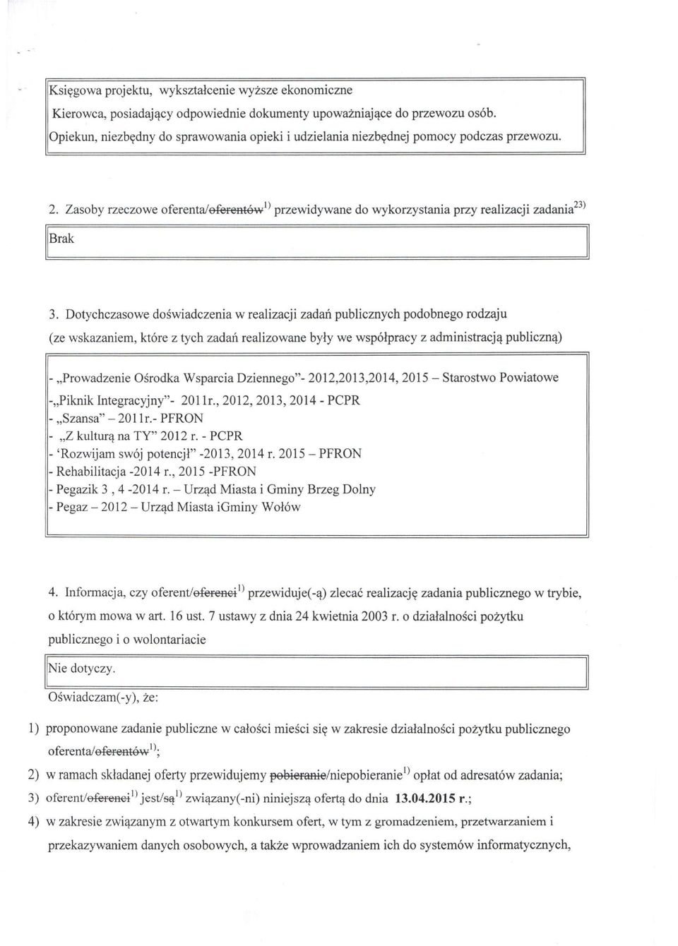 Dotychczasowe doświadczenia w realizacji zadań publicznych podobnego rodzaju (ze wskazaniem, które z tych zadań realizowane były we współpracy z administracją pubłiczną) - Prowadzenie Ośrodka