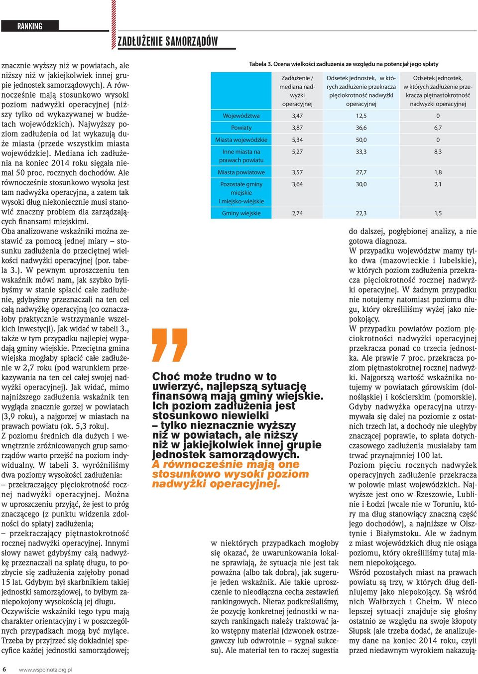 Najwyższy poziom zadłużenia od lat wykazują duże miasta (przede wszystkim miasta wojewódzkie). Mediana ich zadłużenia na koniec 2014 roku sięgała niemal 50 proc. rocznych dochodów.