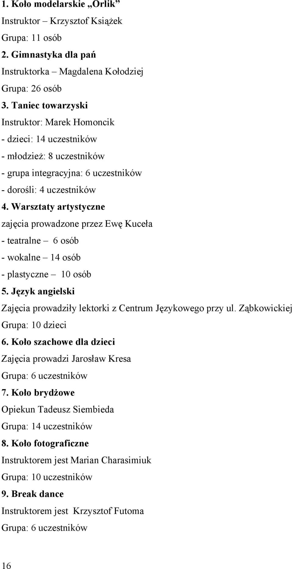 Warsztaty artystyczne zajęcia prowadzone przez Ewę Kuceła - teatralne 6 osób - wokalne 14 osób - plastyczne 10 osób 5. Język angielski Zajęcia prowadziły lektorki z Centrum Językowego przy ul.