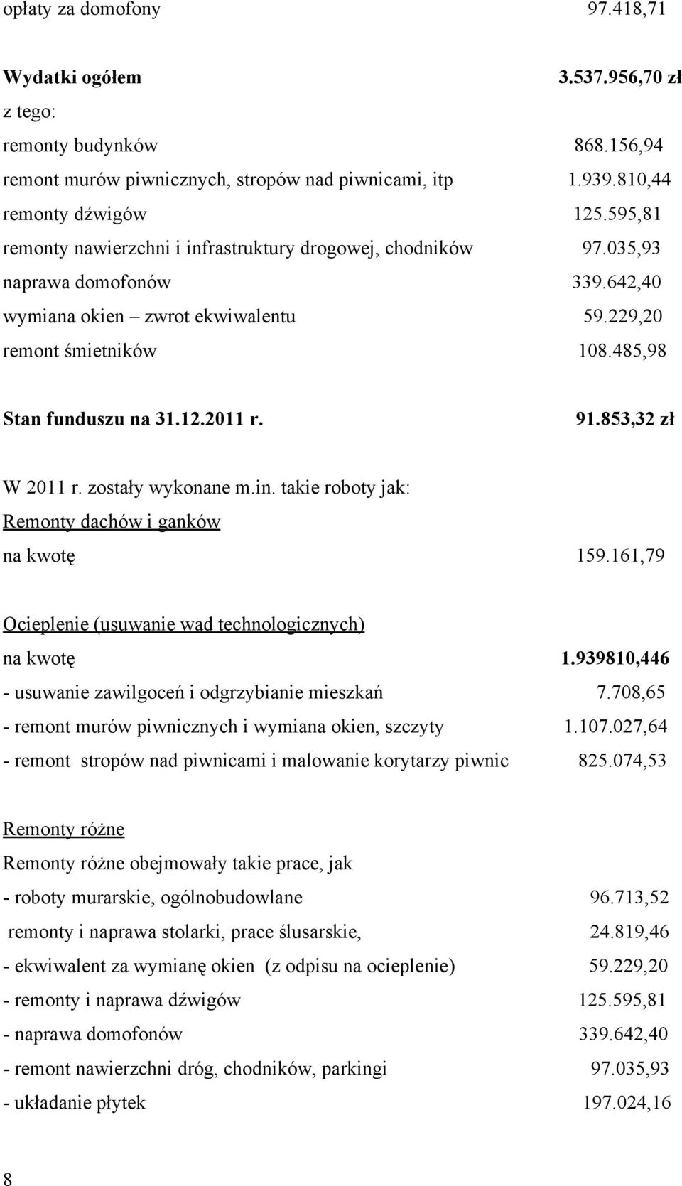 2011 r. 91.853,32 zł W 2011 r. zostały wykonane m.in. takie roboty jak: Remonty dachów i ganków na kwotę 159.161,79 Ocieplenie (usuwanie wad technologicznych) na kwotę 1.