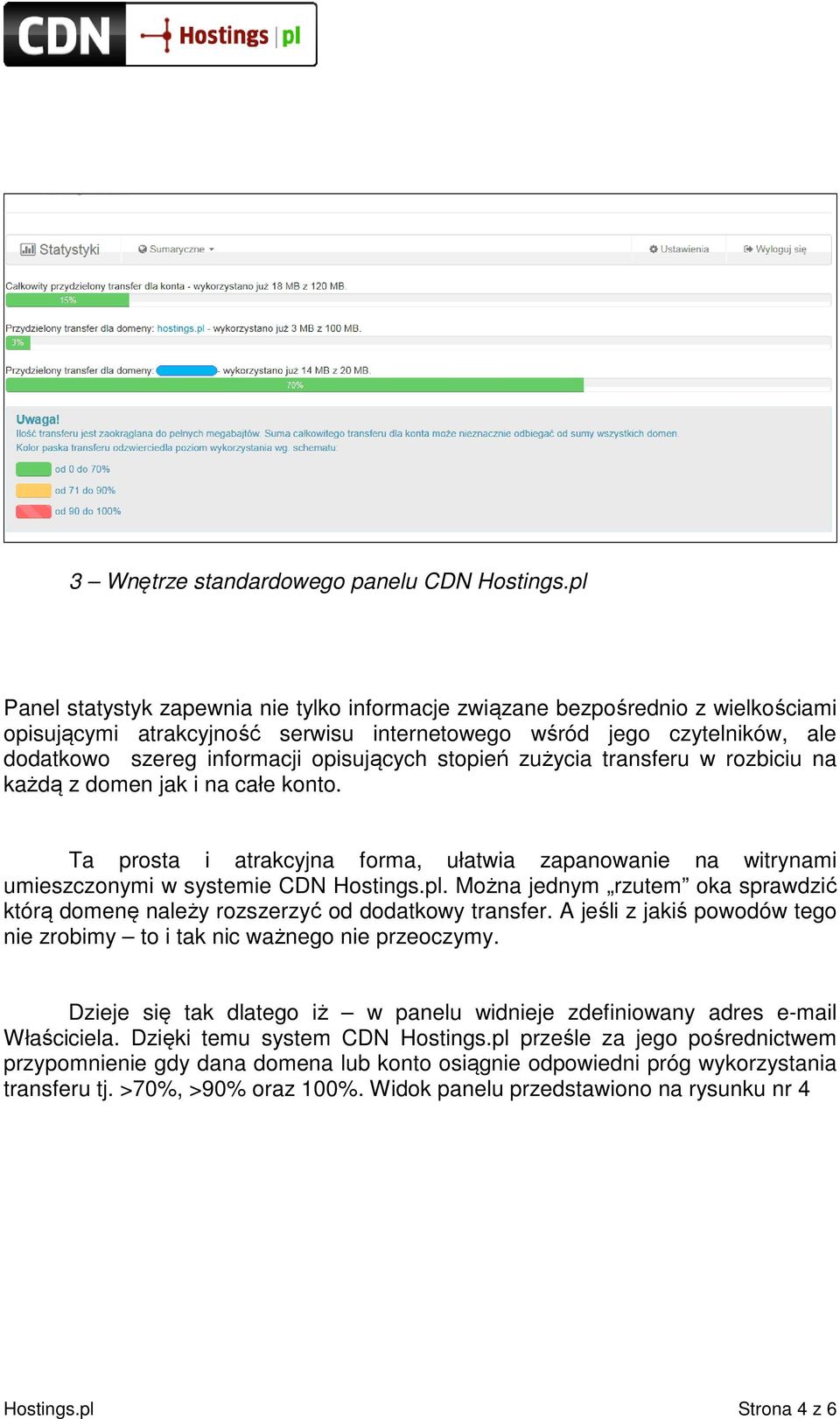opisujących stopień zużycia transferu w rozbiciu na każdą z domen jak i na całe konto. Ta prosta i atrakcyjna forma, ułatwia zapanowanie na witrynami umieszczonymi w systemie CDN Hostings.pl.