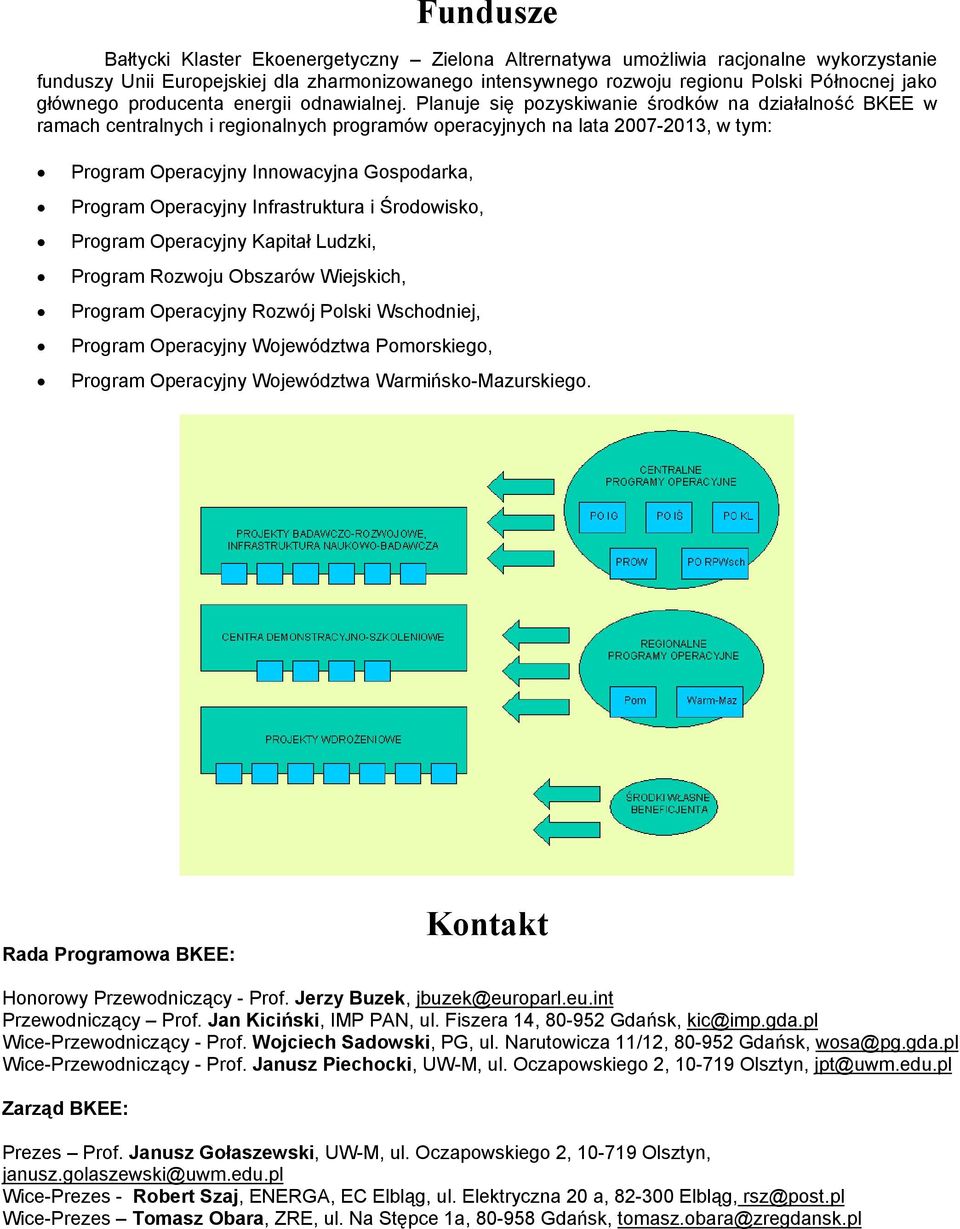 Planuje się pozyskiwanie środków na działalność BKEE w ramach centralnych i regionalnych programów operacyjnych na lata 2007-2013, w tym: Program Operacyjny Innowacyjna Gospodarka, Program Operacyjny