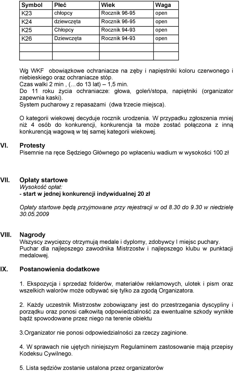 System pucharowy z repasażami (dwa trzecie miejsca). O kategorii wiekowej decyduje rocznik urodzenia.