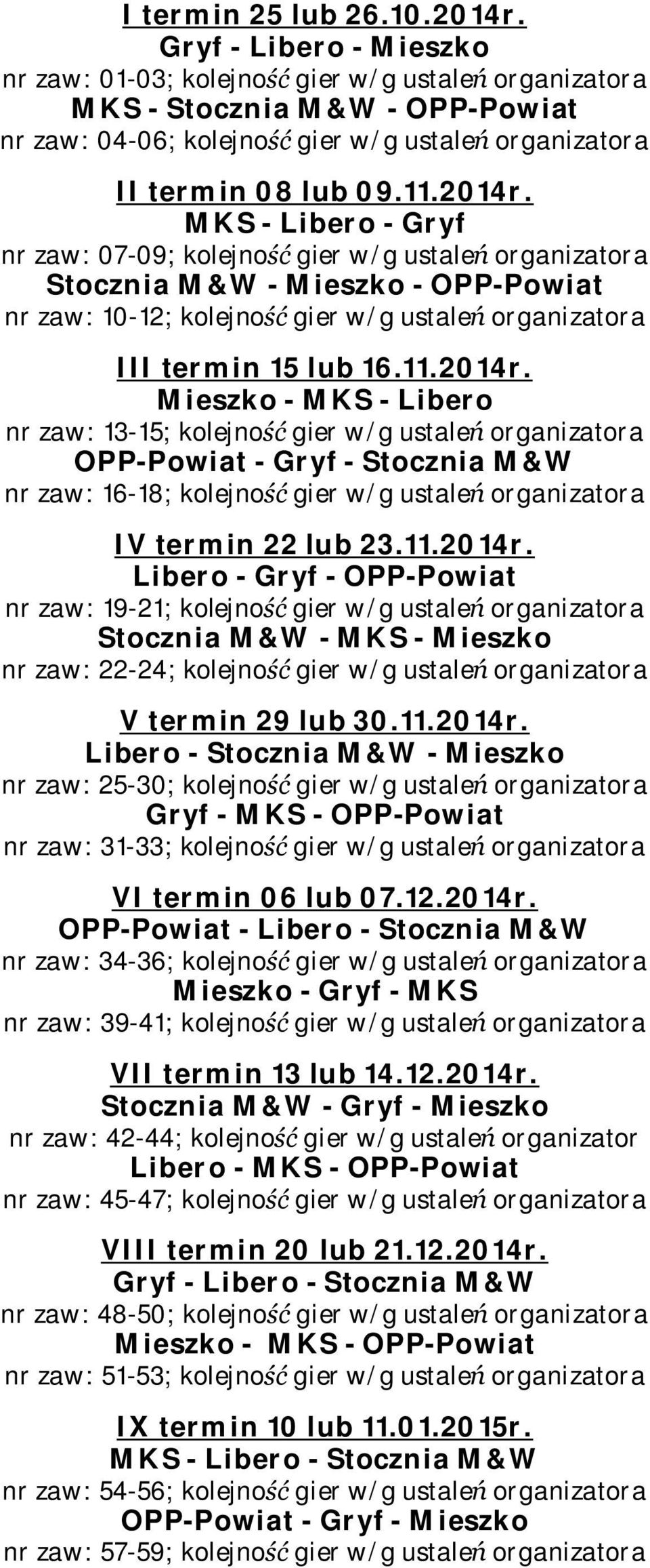 MKS - Libero - Gryf nr zaw: 07-09; kolejno gier w/g ustale organizatora Stocznia M&W - Mieszko - OPP-Powiat nr zaw: 10-12; kolejno gier w/g ustale organizatora III termin 15 lub 16.11.2014r.