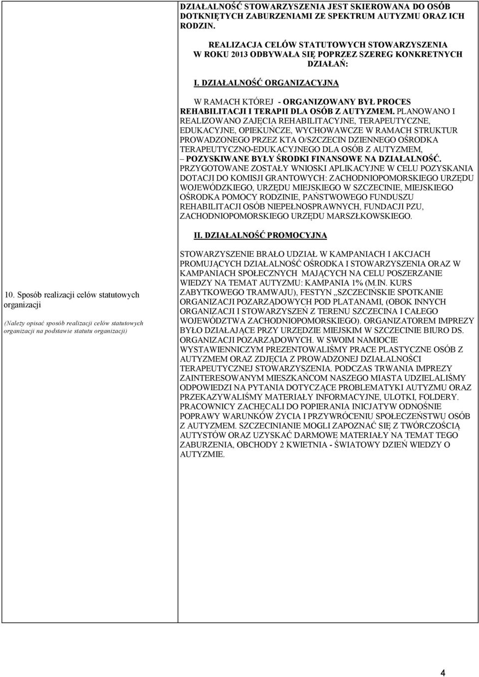 DZIAŁALNOŚĆ ORGANIZACYJNA W RAMACH KTÓREJ - ORGANIZOWANY BYŁ PROCES REHABILITACJI I TERAPII DLA OSÓB Z AUTYZMEM.