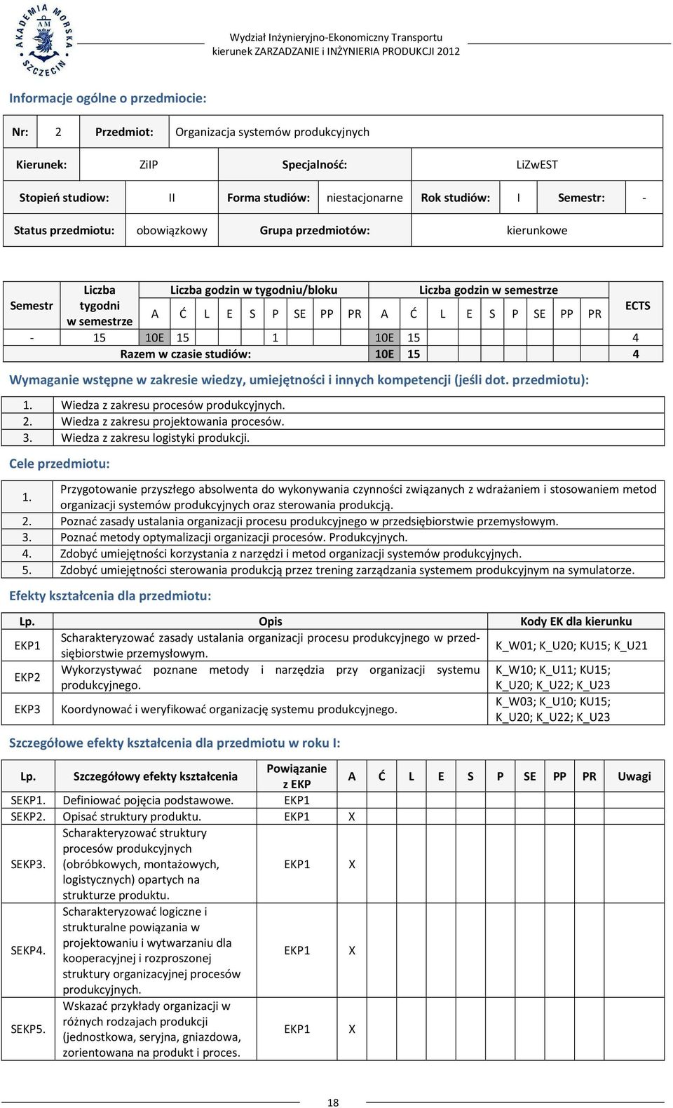 L E S P SE PP PR A Ć L E S P SE PP PR w semestrze - 15 10E 15 1 10E 15 4 Razem w czasie studiów: 10E 15 4 Wymaganie wstępne w zakresie wiedzy, umiejętności i innych kompetencji (jeśli dot.