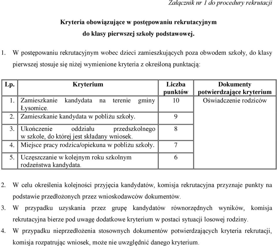 Ukończenie oddziału przedszkolnego 8 w szkole, do której jest składany wniosek. 4. Miejsce pracy rodzica/opiekuna w pobliżu szkoły. 7 5. Uczęszczanie w kolejnym roku szkolnym rodzeństwa kandydata.