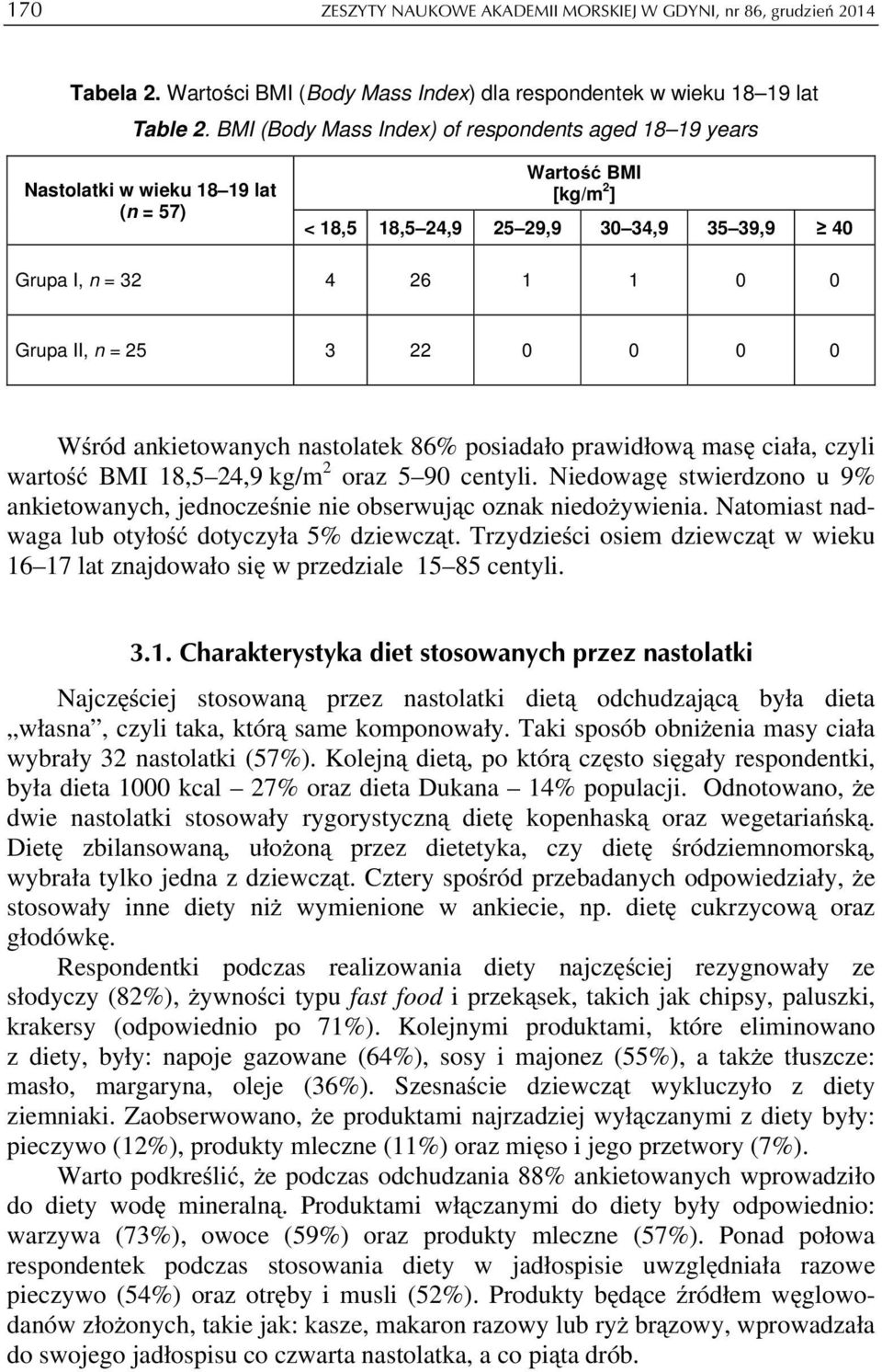 = 25 3 22 0 0 0 0 Wśród ankietowanych nastolatek 86% posiadało prawidłową masę ciała, czyli wartość BMI 18,5 24,9 kg/m 2 oraz 5 90 centyli.