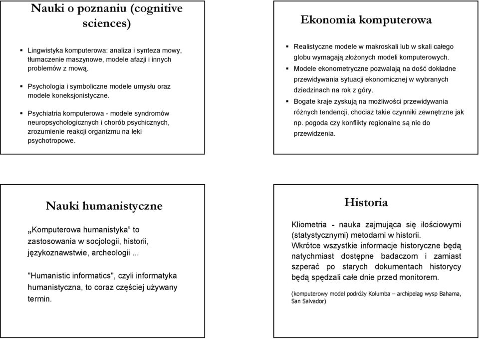 Psychiatria komputerowa - modele syndromów neuropsychologicznych i chorób psychicznych, zrozumienie reakcji organizmu na leki psychotropowe.