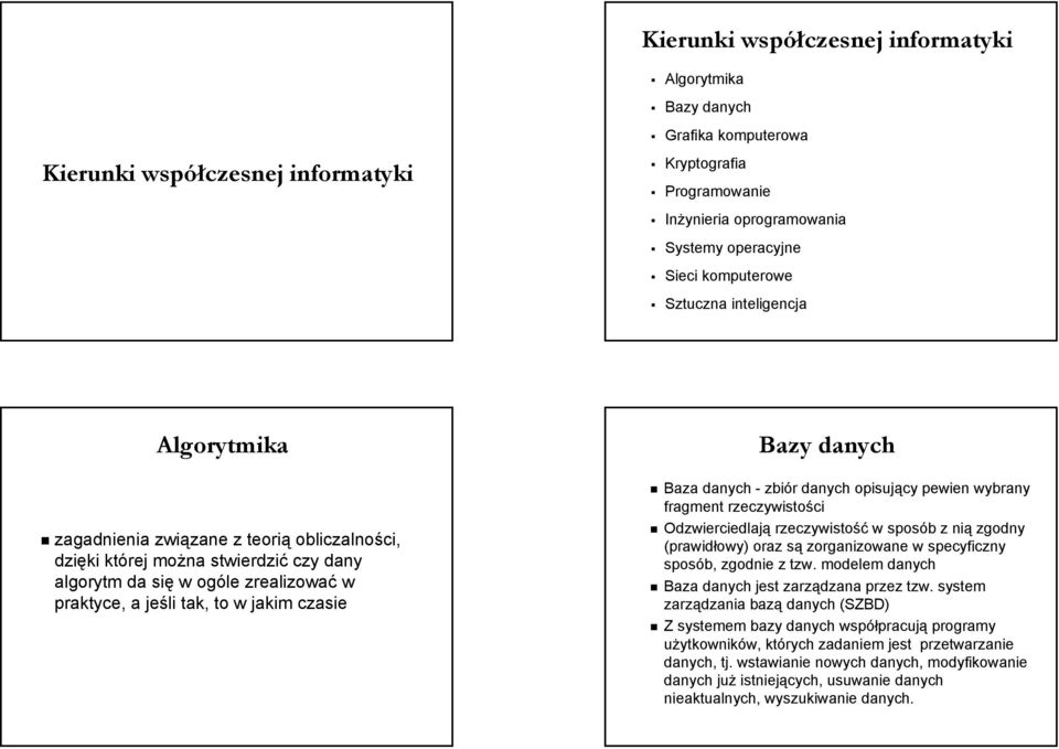 jakim czasie Bazy danych Baza danych - zbiór danych opisujący pewien wybrany fragment rzeczywistości Odzwierciedlają rzeczywistość w sposób z nią zgodny (prawidłowy) oraz są zorganizowane w