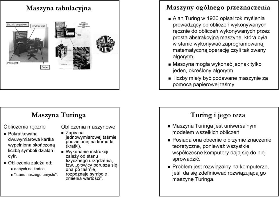 Maszyna mogła wykonać jednak tylko jeden, określony algorytm liczby miały być podawane maszynie za pomocą papierowej taśmy Maszyna Turinga Turing i jego teza Obliczenia ręczne Pokratkowana