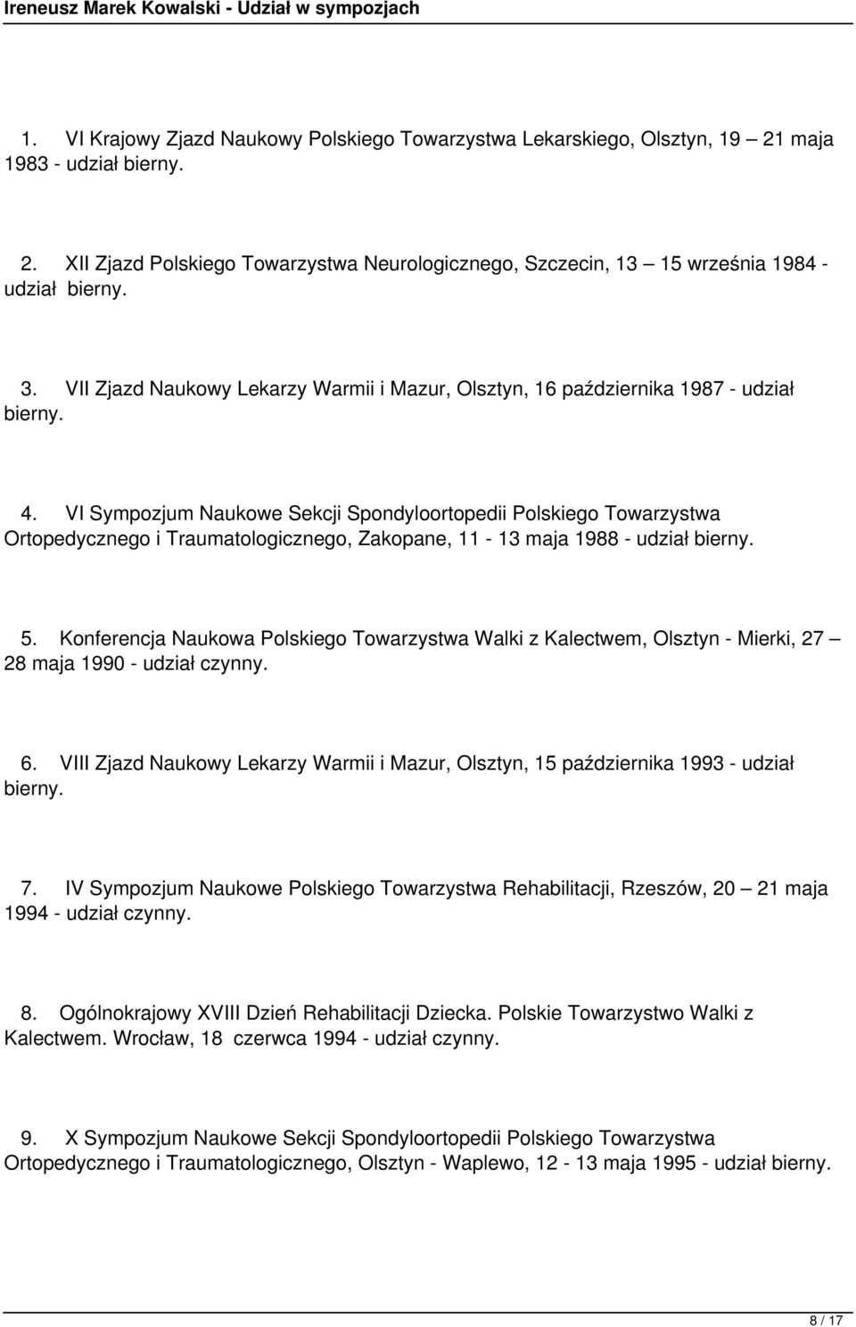 VI Sympozjum Naukowe Sekcji Spondyloortopedii Polskiego Towarzystwa Ortopedycznego i Traumatologicznego, Zakopane, 11-13 maja 1988 - udział bierny. 5.