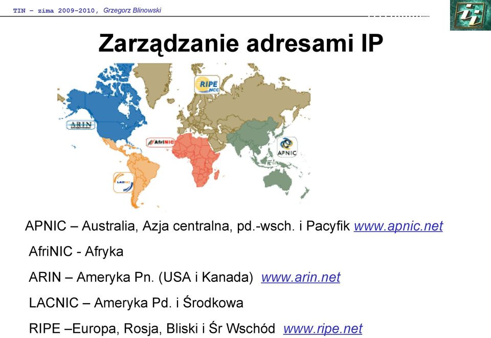 net AfriNIC - Afryka ARIN Ameryka Pn. (USA i Kanada) www.