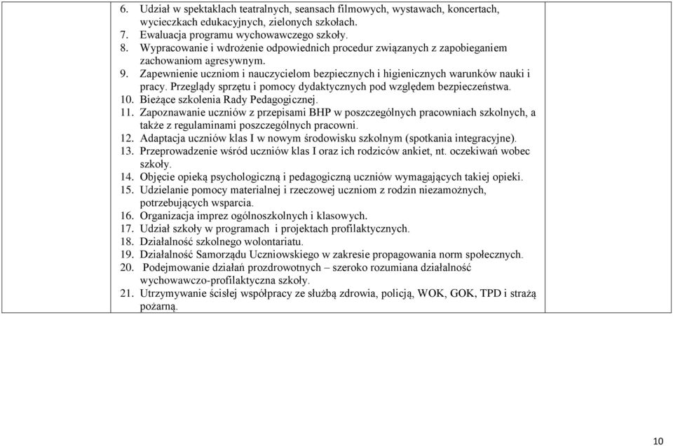 Przeglądy sprzętu i pomocy dydaktycznych pod względem bezpieczeństwa. 10. Bieżące szkolenia Rady Pedagogicznej. 11.