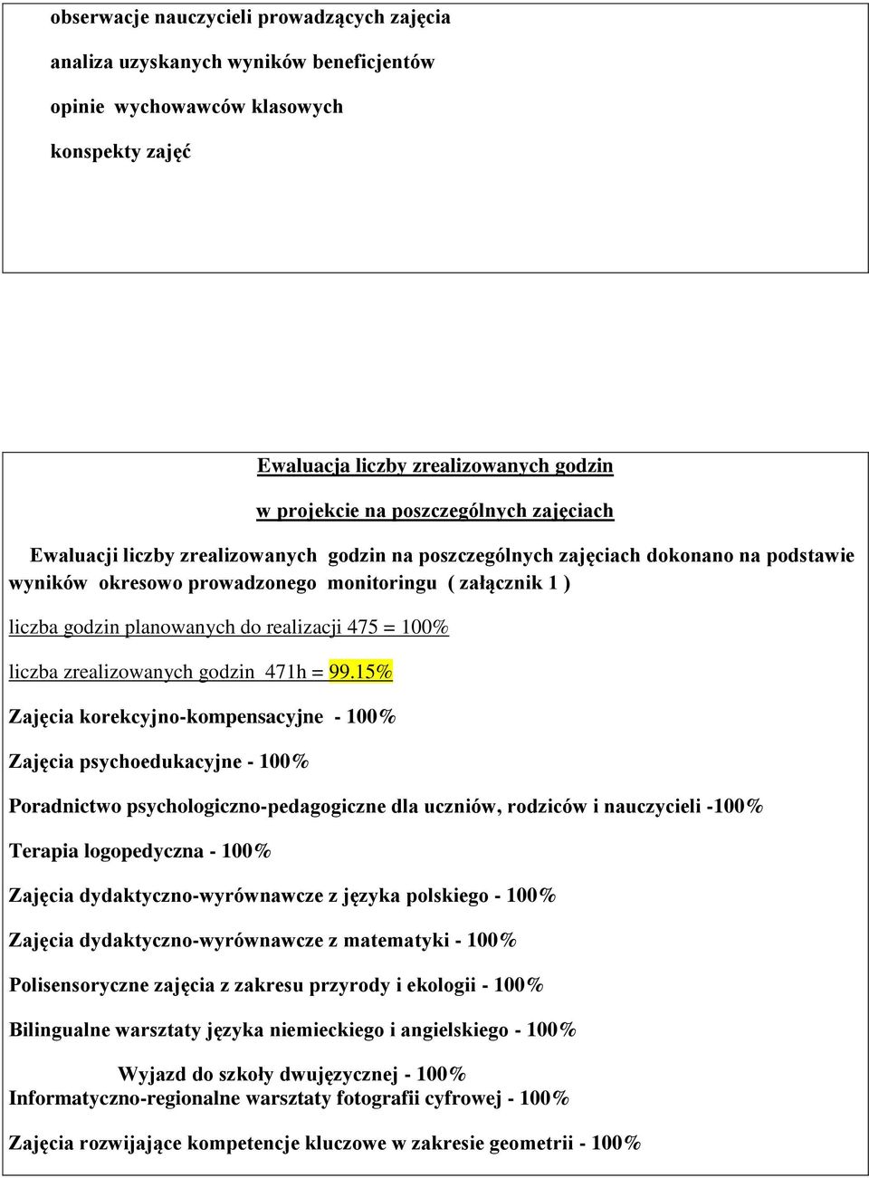 475 = 100% liczba zrealizowanych godzin 471h = 99.