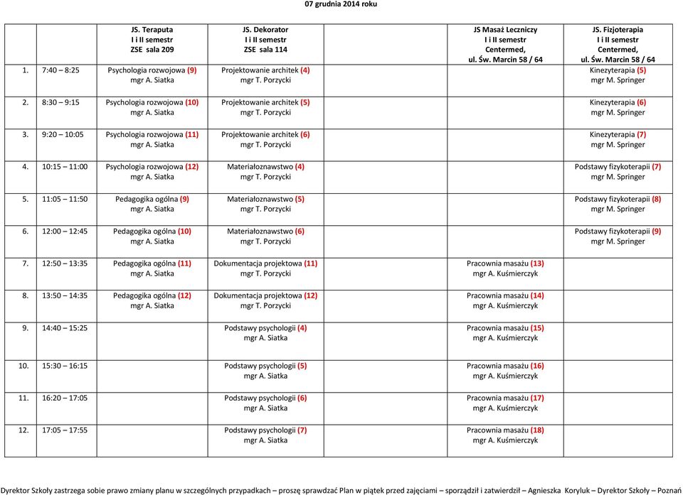 10:15 11:00 Psychologia rozwojowa (12) Materiałoznawstwo (4) Podstawy fizykoterapii (7) 5. 11:05 11:50 Pedagogika ogólna (9) Materiałoznawstwo (5) Podstawy fizykoterapii (8) 6.