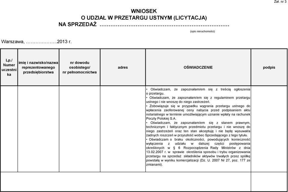przetargu. Oświadczam, że zapoznałam/em się z regulaminem przetargu ustnego i nie wnoszę do niego zastrzeżeń.