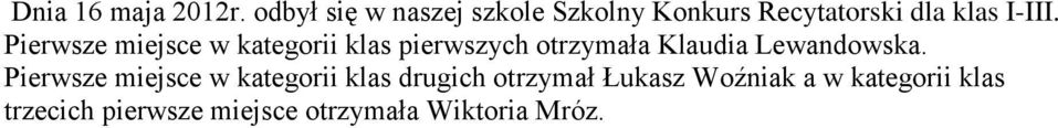 Pierwsze miejsce w kategorii klas pierwszych otrzymała Klaudia Lewandowska.