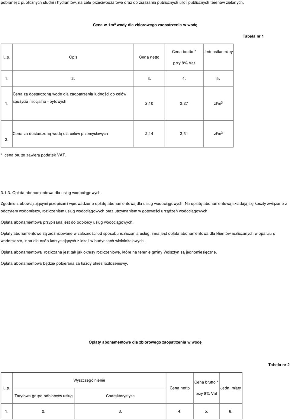 Cena za dostarczoną wodę dla zaopatrzenia ludności do celów spożycia i socjalno - bytowych 2,10 2,27 zł/m3 2.